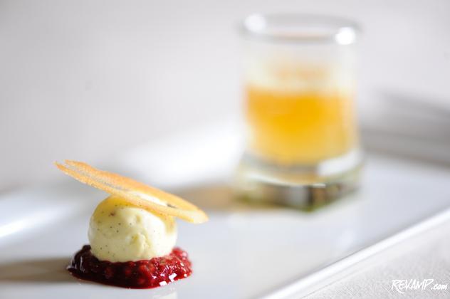A sample course from CityZen's new dessert tasting menu.  Vanilla glacé and melted Path Valley raspberries, with a glass of sparkling peach lemonade.
